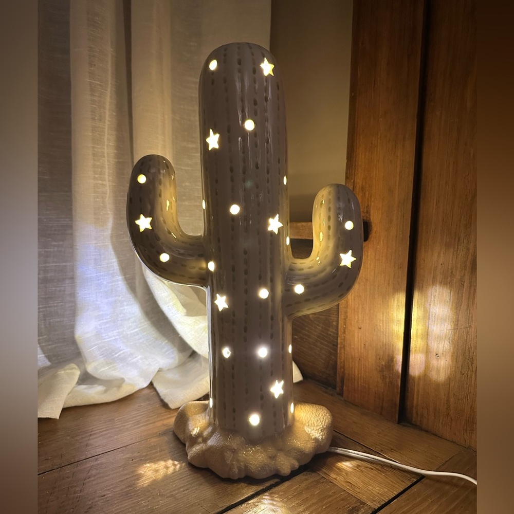 15” Light-Up Corded Ceramic Cactus Lamp in Cream/Sage Green - Picture 11 of 15